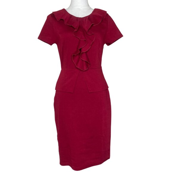 REPHYLLIS Women's Scarlet Red Ruffle Accent Faux 2 Piece Short Sleeve Midi Med - Picture 1 of 9